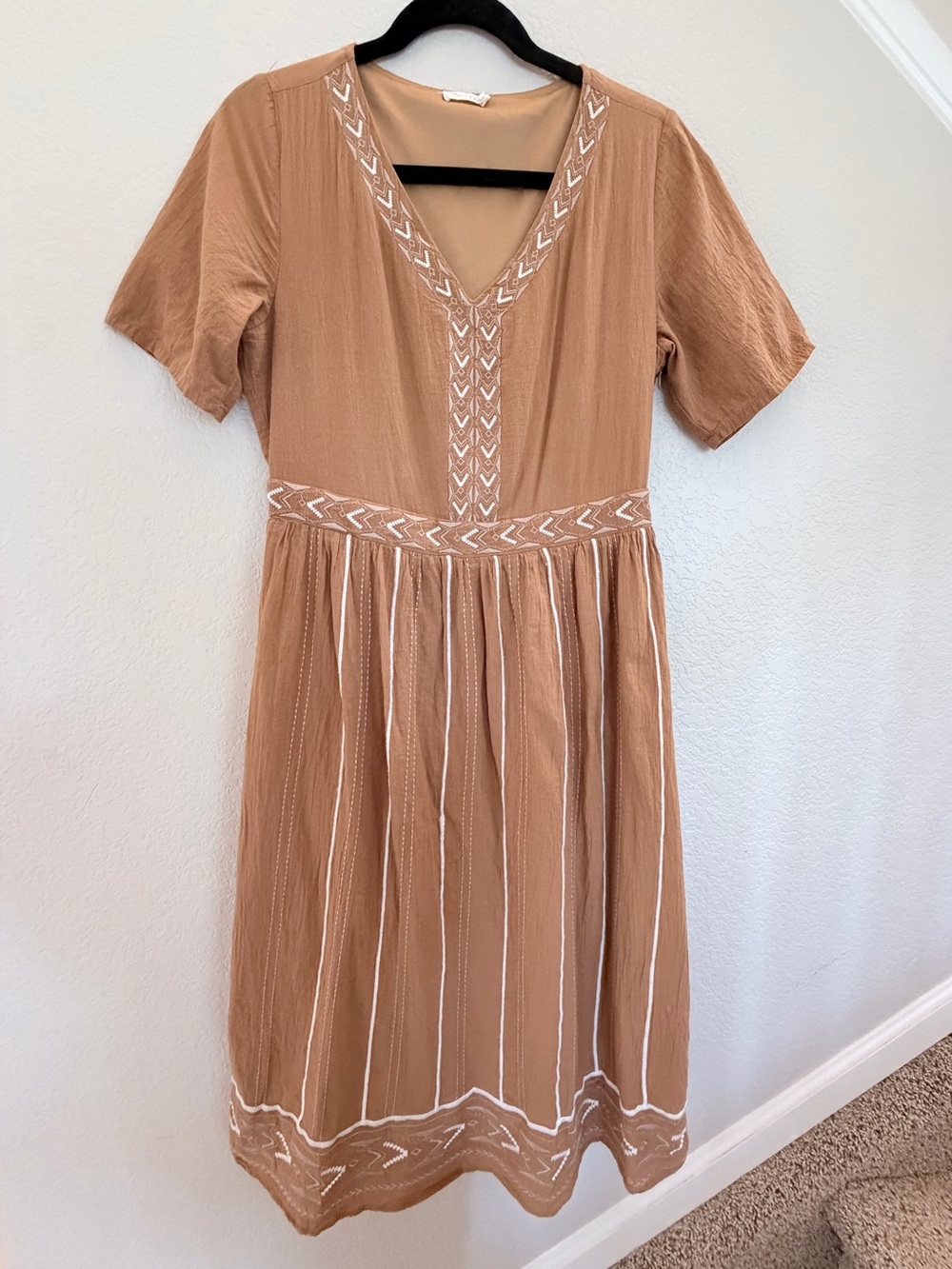 ROOLEE Embroidered Midi Dress Tan Camel Size M